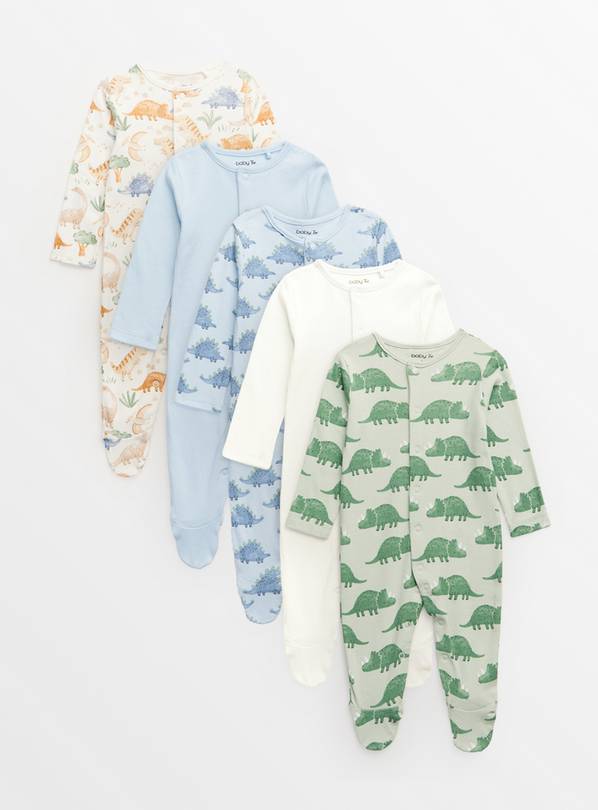 Dinosaur Print Long Sleeve Sleepsuits 5 Pack Up to 1 mth